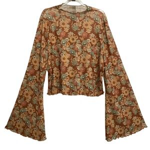 Women's Whimsical Floral Sheer Mesh Flare Sleeve Mock Neck Layering Top Fairy